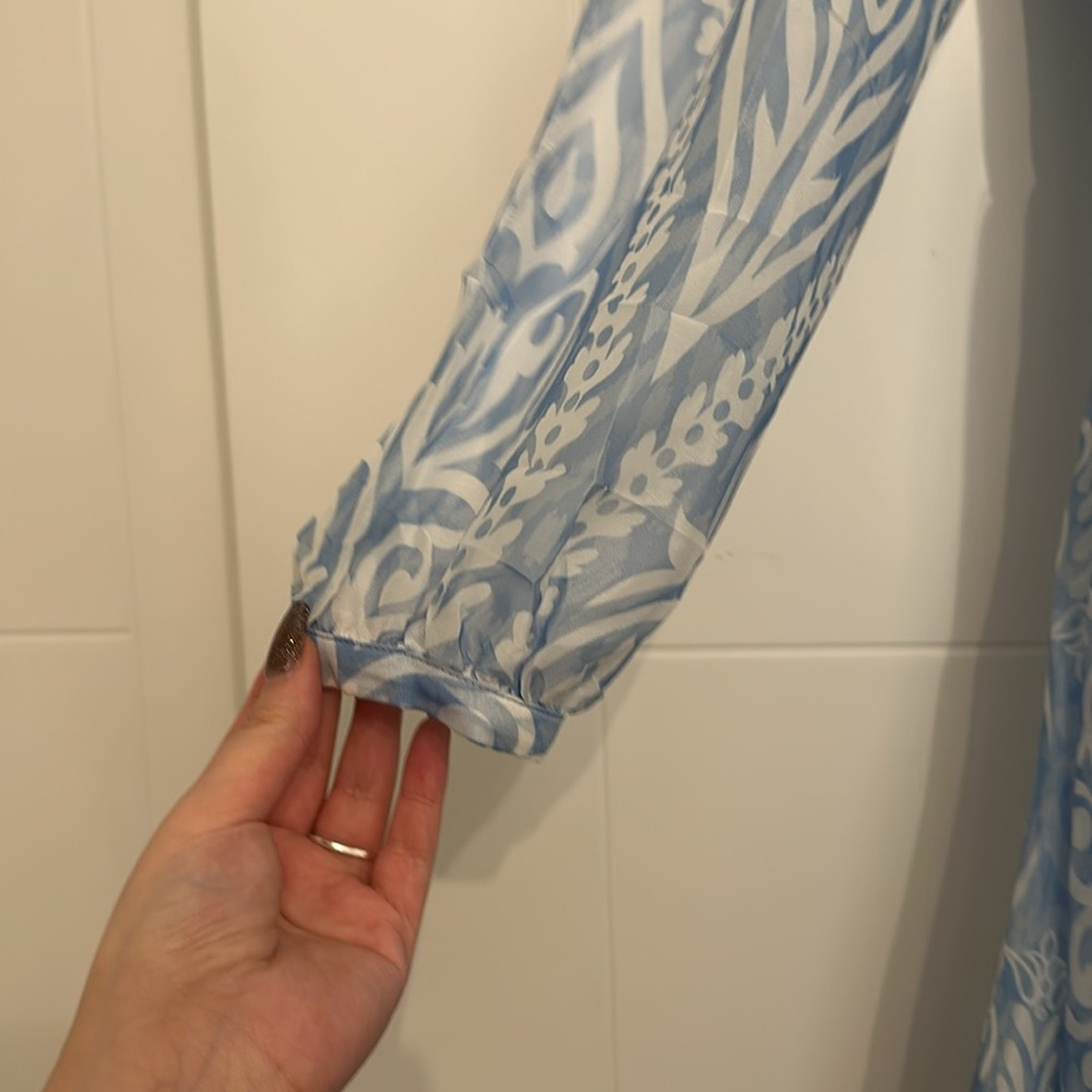 Light Blue Patterned Maxi Dress with Floral Hem - Picture 3 of 5